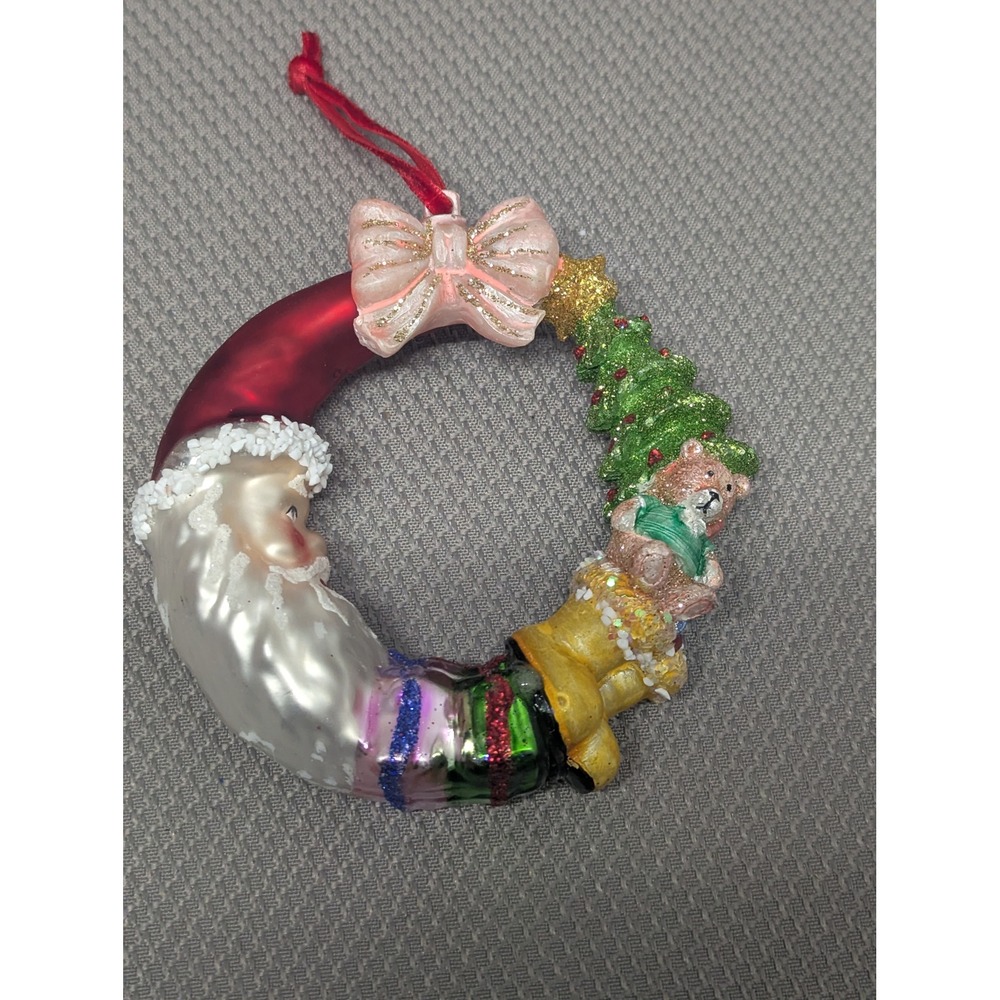 Vintage Glass Wreath Christmas Ornament Santa Teddy Bear Tree Glitter Holiday